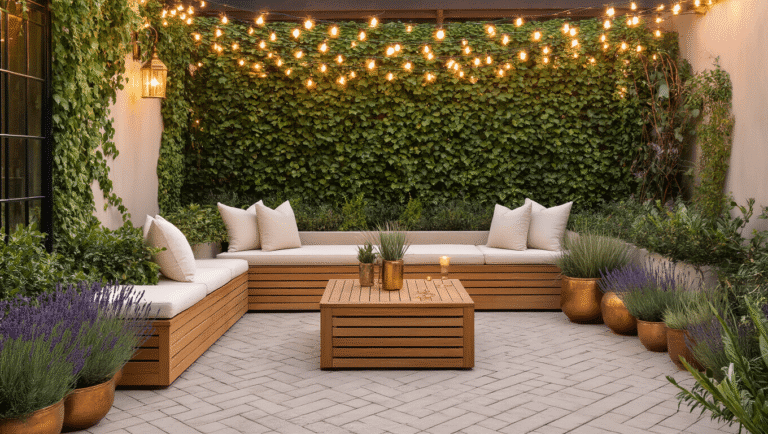 Cinematic view of an intimate budget-friendly patio featuring herringbone pavers, teak furniture, warm white string lights, a vertical garden, and vintage lanterns, all captured during golden hour.