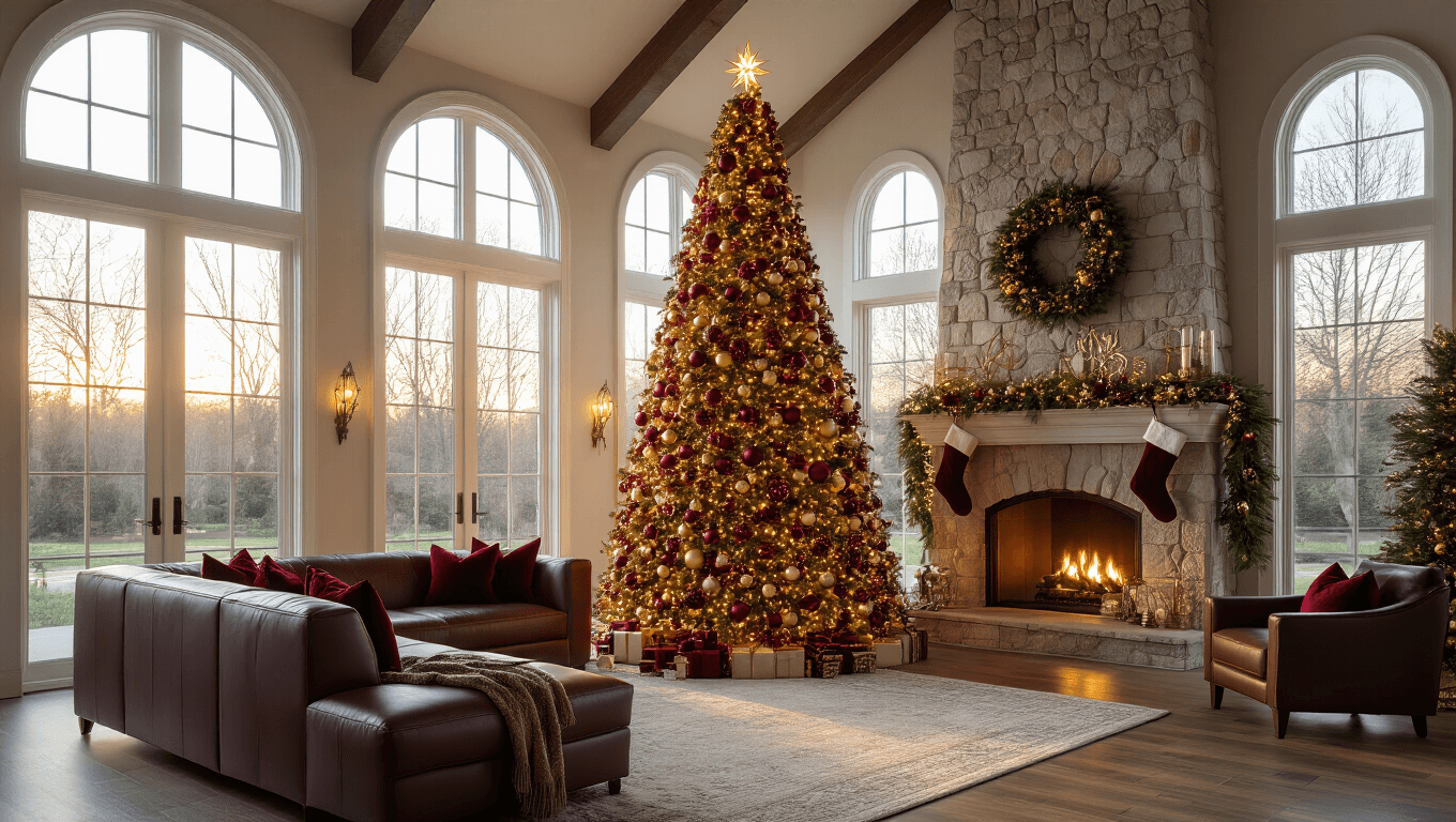 A majestic 9-foot Christmas tree adorned with deep burgundy, gold, and champagne ornaments, illuminated by warm white LED lights, stands in a spacious living room with vaulted ceilings and large windows, next to a grand fireplace, creating a festive and elegant atmosphere.