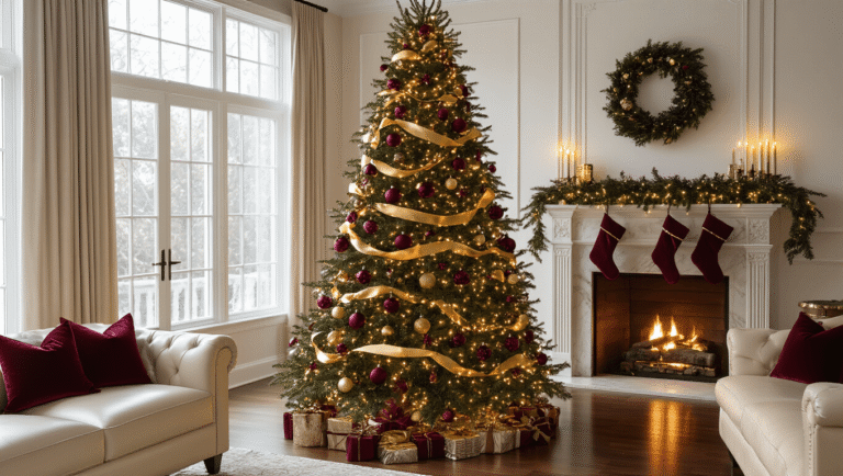 An elegant living room featuring a majestic 8-foot Christmas tree adorned with burgundy and gold ornaments, warm white lights, beside a crackling fireplace, with a cream leather sectional sofa, polished hardwood floors, and wrapped presents underneath.