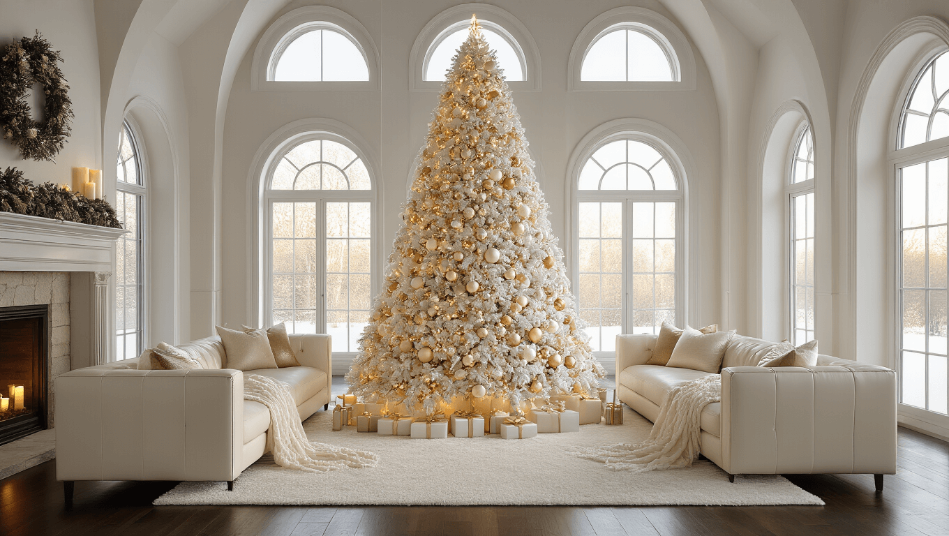 Photorealistic image of a luxurious living room featuring a majestic 9-foot flocked white Christmas tree adorned with cream and gold ornaments, warm white lights, and elegant garlands, set against a backdrop of vaulted ceilings and bay windows, with a cream leather sectional and stone fireplace, all bathed in golden hour light.