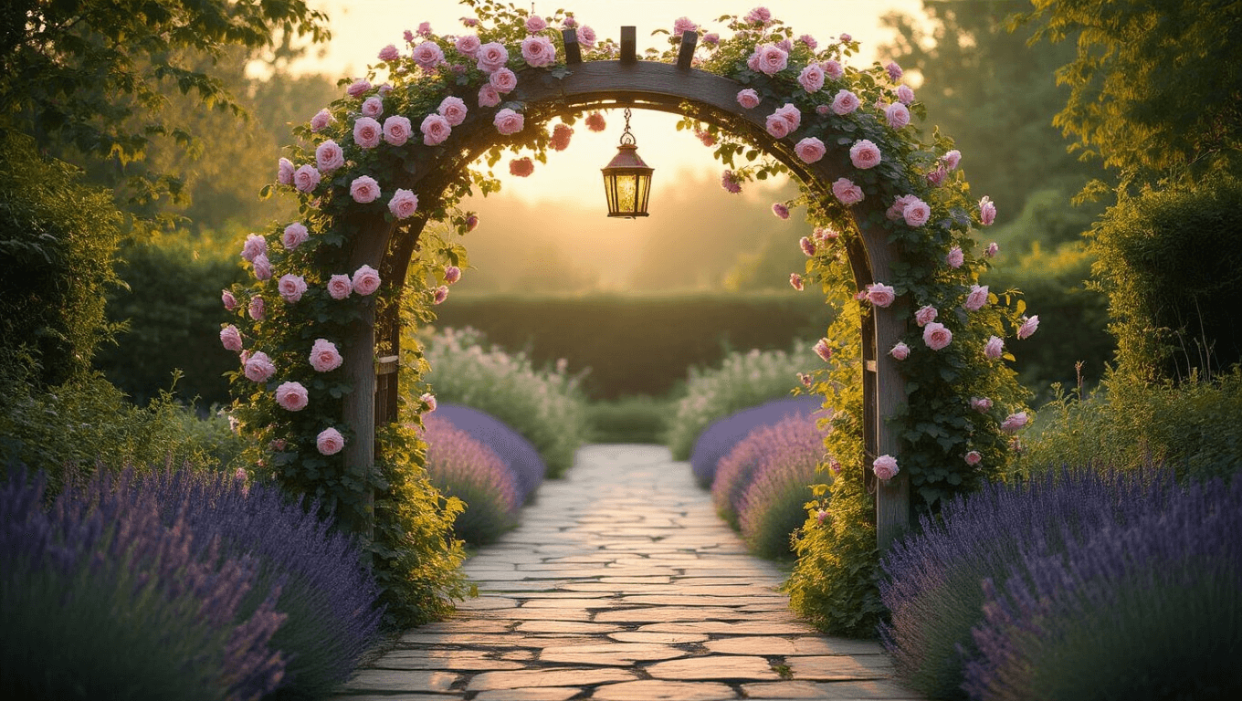 A weathered cedar garden arch, 8 feet tall, enveloped in pale pink 'New Dawn' roses and deep purple clematis, with a stone pathway bordered by lavender and catmint, illuminated by golden hour light.