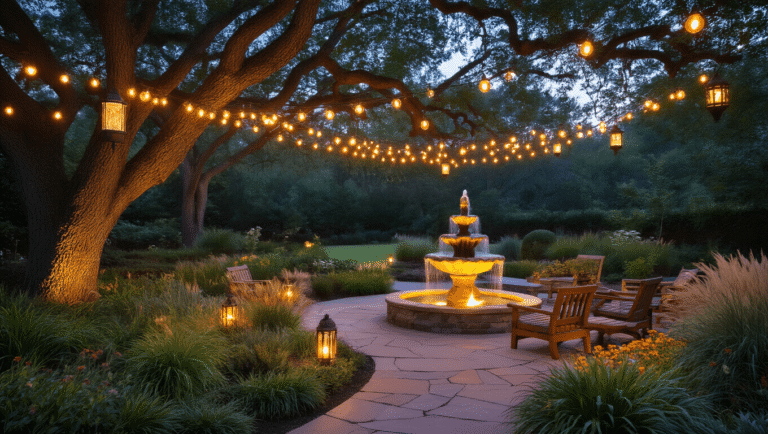 Cinematic wide-angle view of a twilight garden sanctuary adorned with warm Edison bulb lights, solar path lights, and vintage lanterns, featuring a sculptural water fountain surrounded by lush plants and weathered teak furniture, all set against a deep indigo sky.
