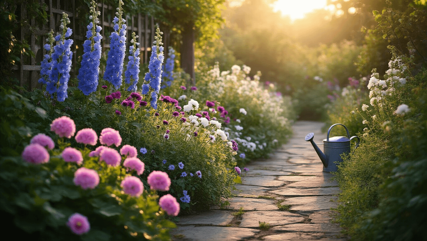 A dreamy cottage garden at golden hour, featuring soft pink geraniums and purple dianthus along a stone path, towering blue delphiniums and white phlox, climbing roses on a wooden trellis, and an antique zinc watering can, all bathed in warm sunlight with dewdrops glistening on petals.