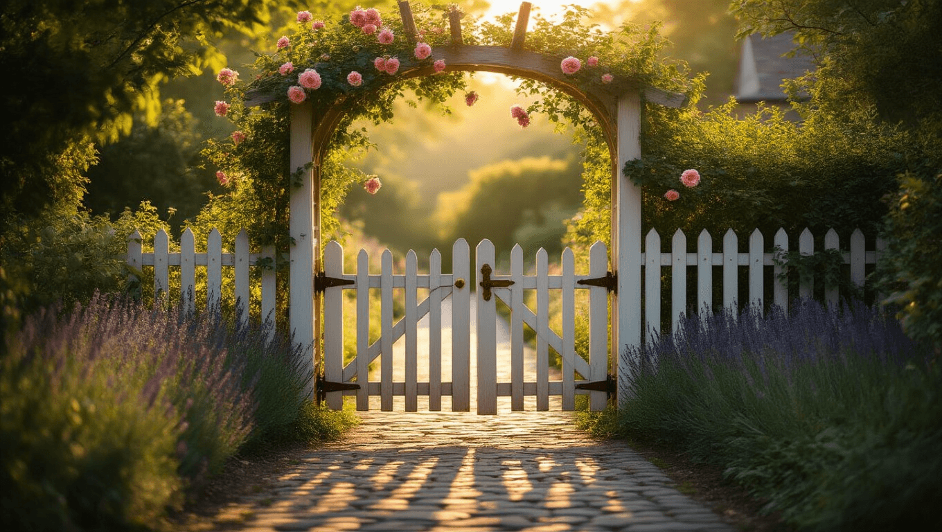 Cinematic wide-angle shot of a charming garden gate entrance adorned with climbing roses, weathered wooden picket fence, and lush cottage garden plants, illuminated by golden hour sunlight and casting dappled shadows on a cobblestone pathway, creating an inviting and romantic atmosphere.