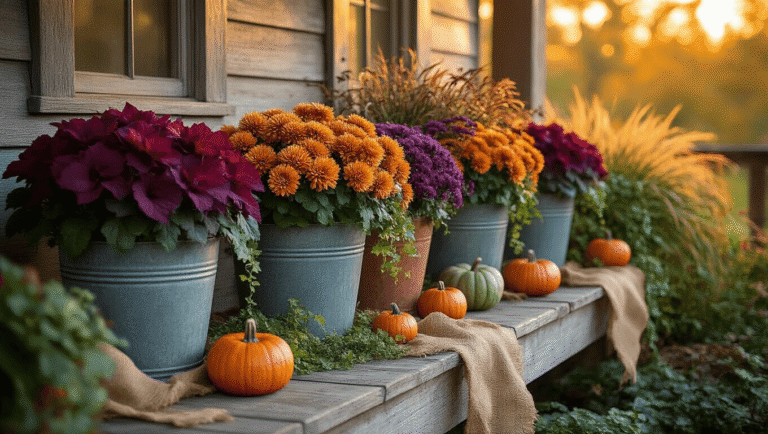A rustic wooden porch adorned with weathered zinc and terracotta planters overflowing with burgundy ornamental cabbage, amber chrysanthemums, and purple fountain grass, accented by trailing creeping jenny, decorative mini pumpkins, and warm golden sunlight casting dramatic shadows.