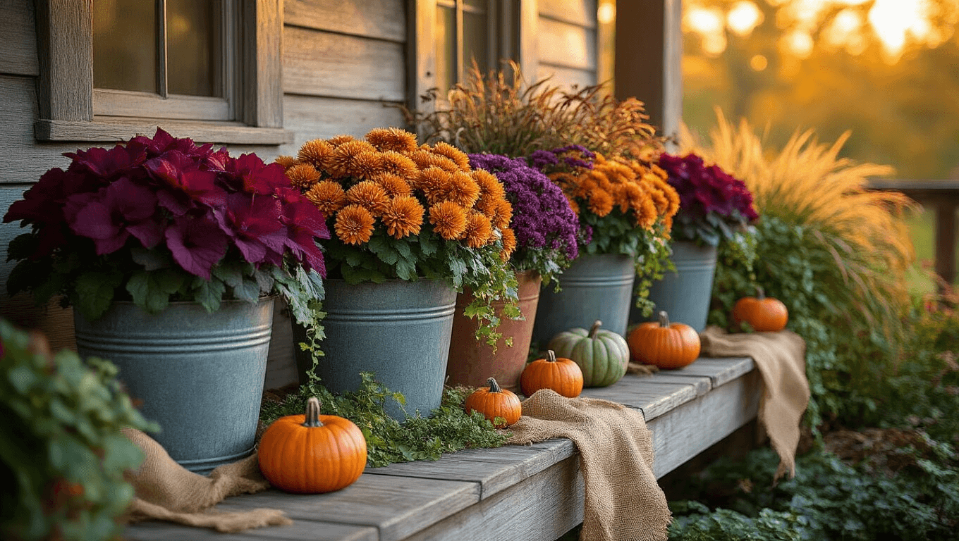 A rustic wooden porch adorned with weathered zinc and terracotta planters overflowing with burgundy ornamental cabbage, amber chrysanthemums, and purple fountain grass, accented by trailing creeping jenny, decorative mini pumpkins, and warm golden sunlight casting dramatic shadows.