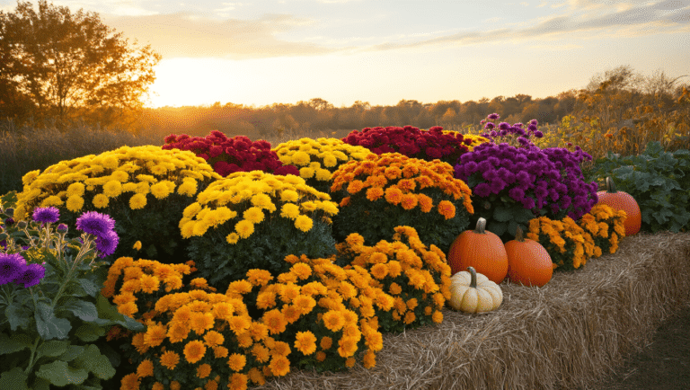 Cinematic wide-angle shot of a vibrant fall flower bed showcasing hardy mums, marigolds, asters, and ornamental kale, set against a warm brick colonial home, with decorative pumpkins and hay bale borders, all illuminated by golden hour lighting.