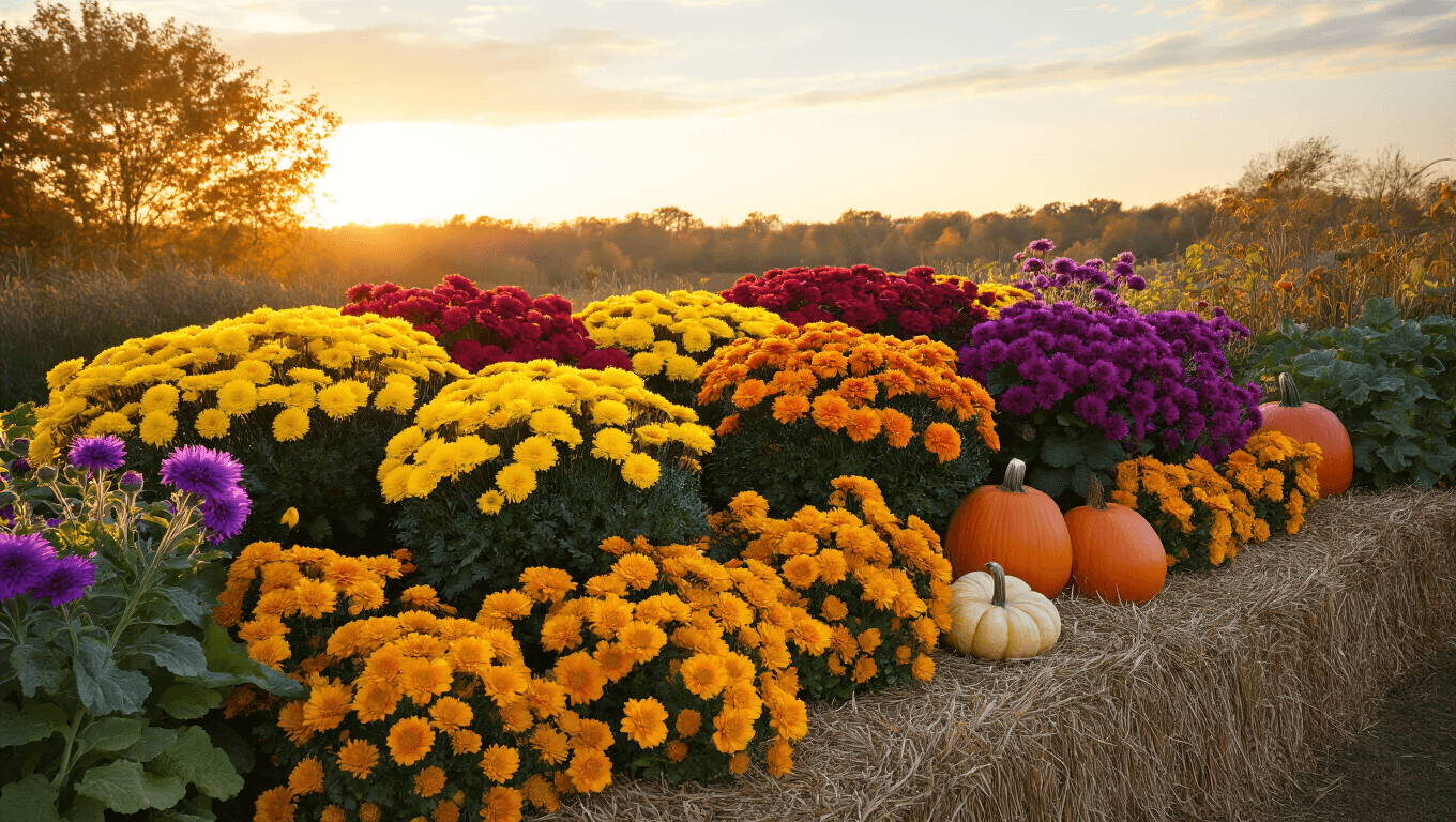 Cinematic wide-angle shot of a vibrant fall flower bed showcasing hardy mums, marigolds, asters, and ornamental kale, set against a warm brick colonial home, with decorative pumpkins and hay bale borders, all illuminated by golden hour lighting.