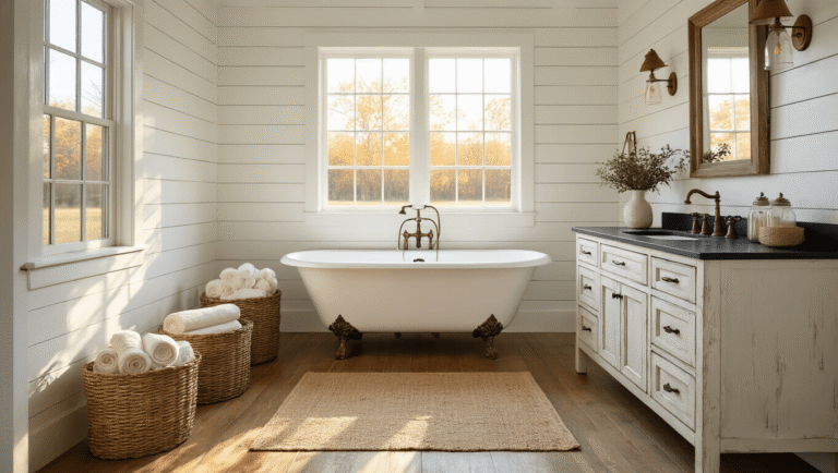 A luxurious farmhouse bathroom with white shiplap walls, vintage clawfoot tub, distressed double vanity, and warm golden hour lighting, featuring organic textures and rustic elements.