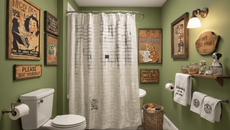 A modern bathroom filled with comedic decor, featuring vintage comedy posters, a crossword puzzle shower curtain, whimsical animal prints, witty soap dispensers, embroidered joke towels, and quirky figurines, all illuminated by warm golden hour sunlight against sage green walls and matte white tiles.