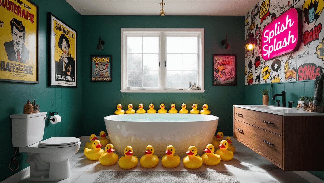 A modern bathroom featuring white porcelain fixtures, a freestanding tub surrounded by yellow rubber ducks, vintage comedy posters, a neon pink 'Splish Splash' sign, an emerald green accent wall with comic book wallpaper, and mid-century walnut vanity, illuminated by golden hour sunlight through a bubble glass window.