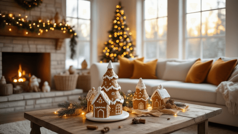 Cinematic wide-angle shot of a cozy living room adorned with gingerbread Christmas decor, featuring ceramic houses, warm lighting, and a rustic wood coffee table, with a cream sectional sofa and a stone fireplace decorated with gingerbread garland.