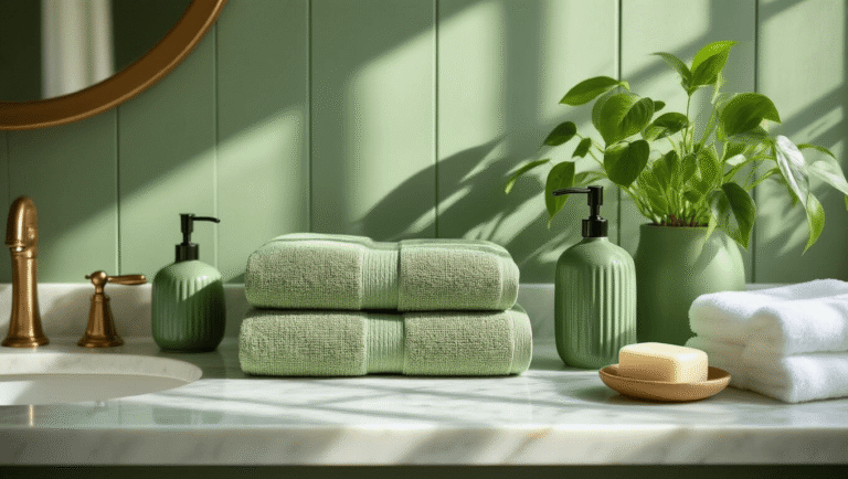 Cinematic shot of a luxurious green bathroom vanity featuring sage waffle-weave towels, emerald ceramic accessories, and a pothos plant on a marble countertop, bathed in soft morning light with warm brass fixtures and a botanical shower curtain in the background.