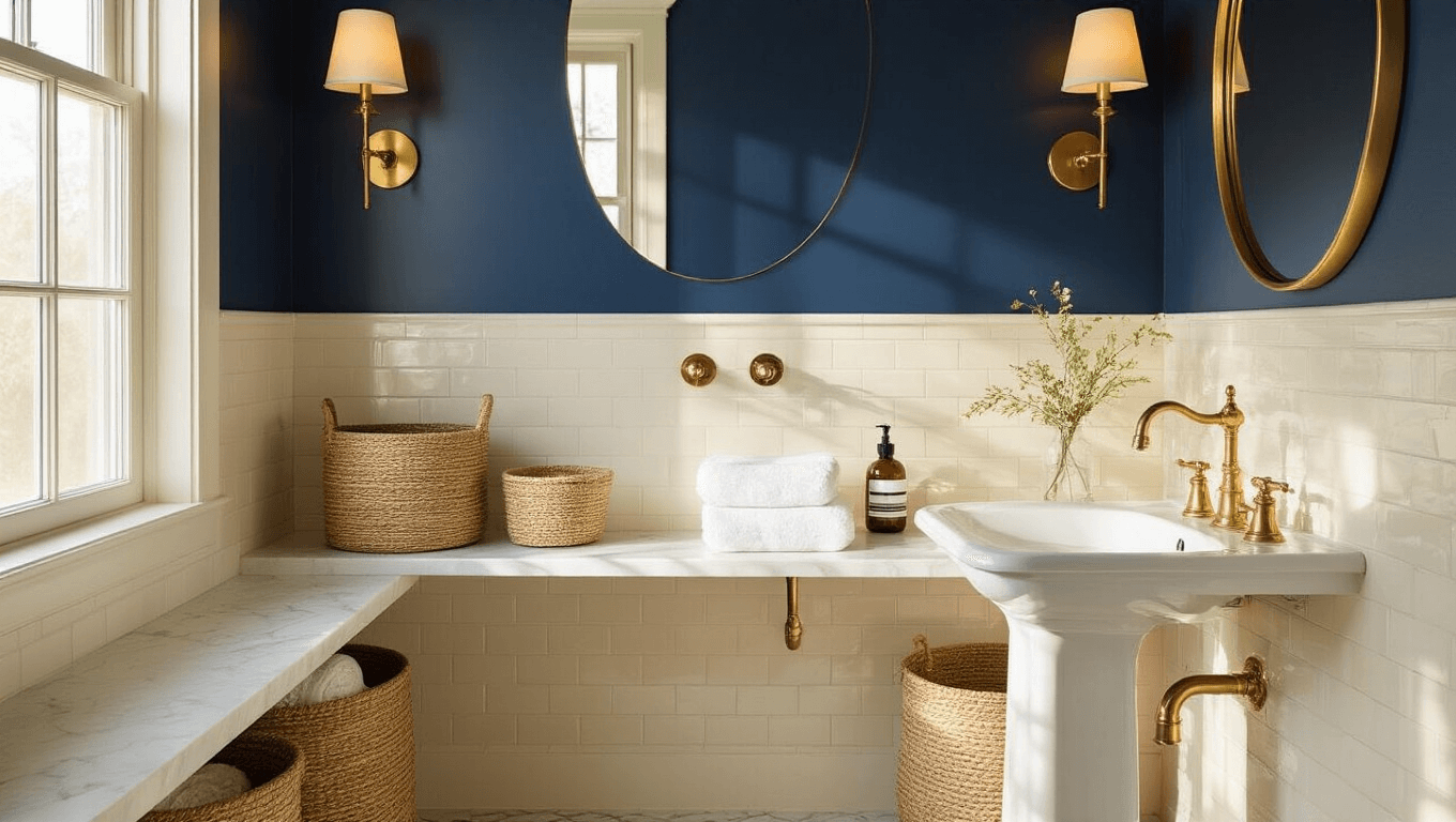 Cinematic golden hour image of a welcoming guest bathroom with cream subway tile walls, rich navy accent wall, polished brass fixtures, and warm diffused sunlight, showcasing a freestanding sink, oval mirror, marble shelf with seagrass baskets, and geometric hexagonal floor tiles.