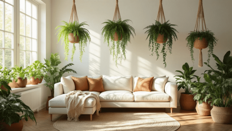 Cinematic wide-angle shot of a sunlit living room with hanging Boston ferns and pothos plants in macrame planters, showcasing a cozy atmosphere with warm natural light, hardwood floors, and industrial accents.