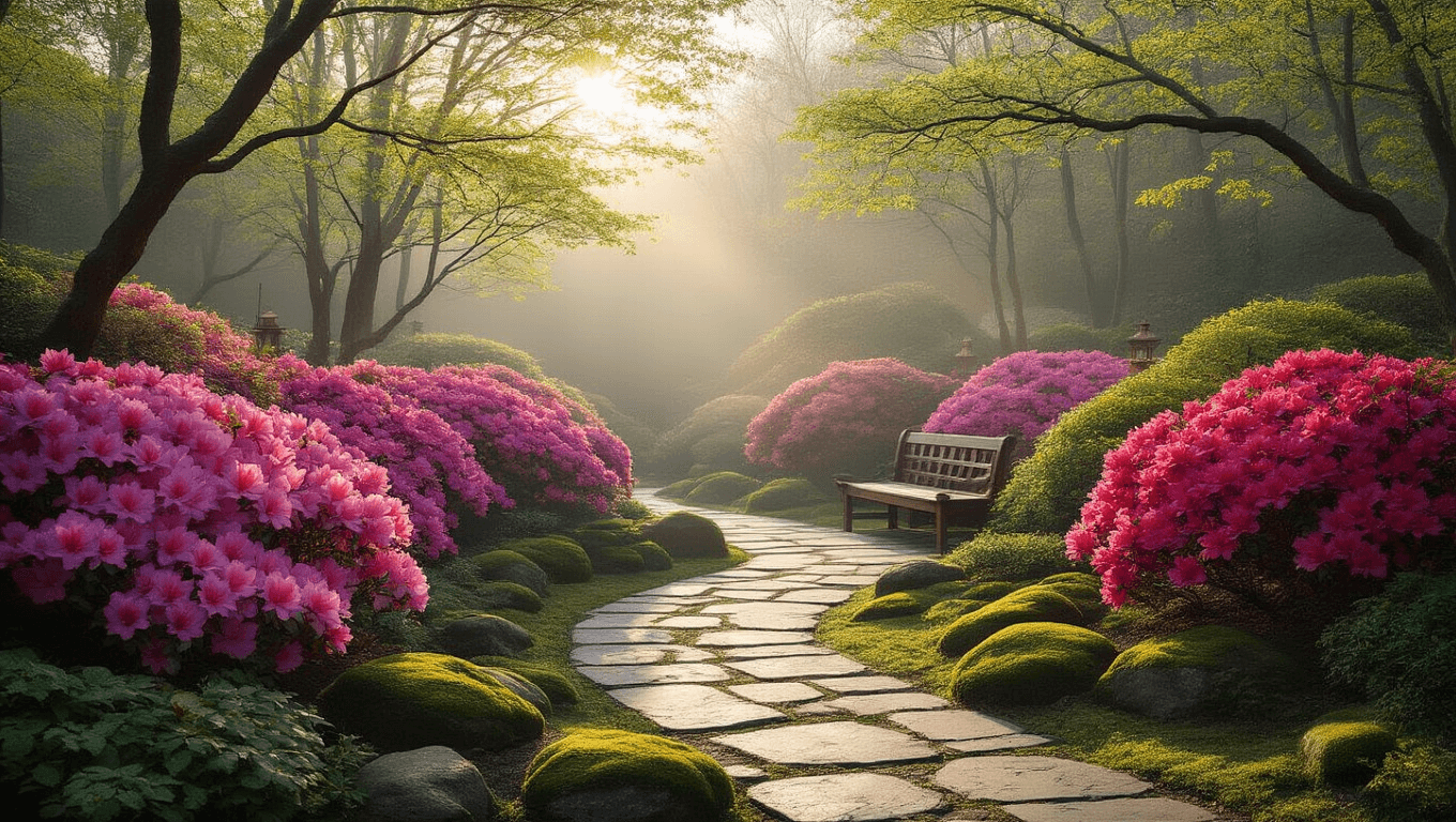 Photorealistic wide-angle shot of a serene Japanese-inspired garden at golden hour, featuring blooming azaleas in pink to magenta gradients, a curved flagstone pathway, moss-covered stones, Japanese maples, a weathered teak bench, antique copper lanterns, and ethereal sunbeams filtering through the canopy, showcasing ultra-detailed textures and a natural depth of field.