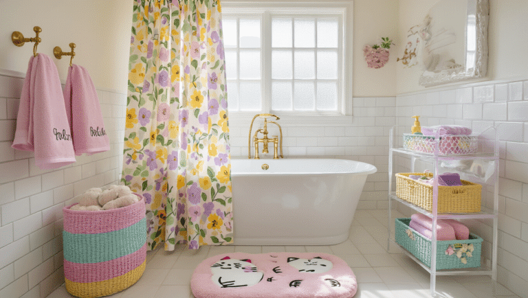 Cinematic wide-angle shot of a charming bathroom with a vibrant patchwork shower curtain, fluffy monogrammed towels, kawaii cat bath mat, and colorful woven storage baskets, all illuminated by soft morning light against sage green walls and white subway tiles.