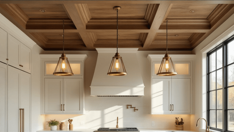 Photorealistic kitchen interior featuring a coffered ceiling with warm oak tones, brass pendant lights, and white shaker cabinets, illuminated by soft morning sunlight with intricate wood grain details and an inviting prep area below.