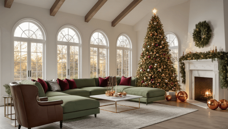 A Christmas Living Room Makeover: Cozy Meets Chic Photorealistic image of a spacious, elegantly decorated living room with a 9-foot Christmas tree, sage green sectional sofa, and a white marble fireplace, featuring warm lighting and vintage-modern decor elements.