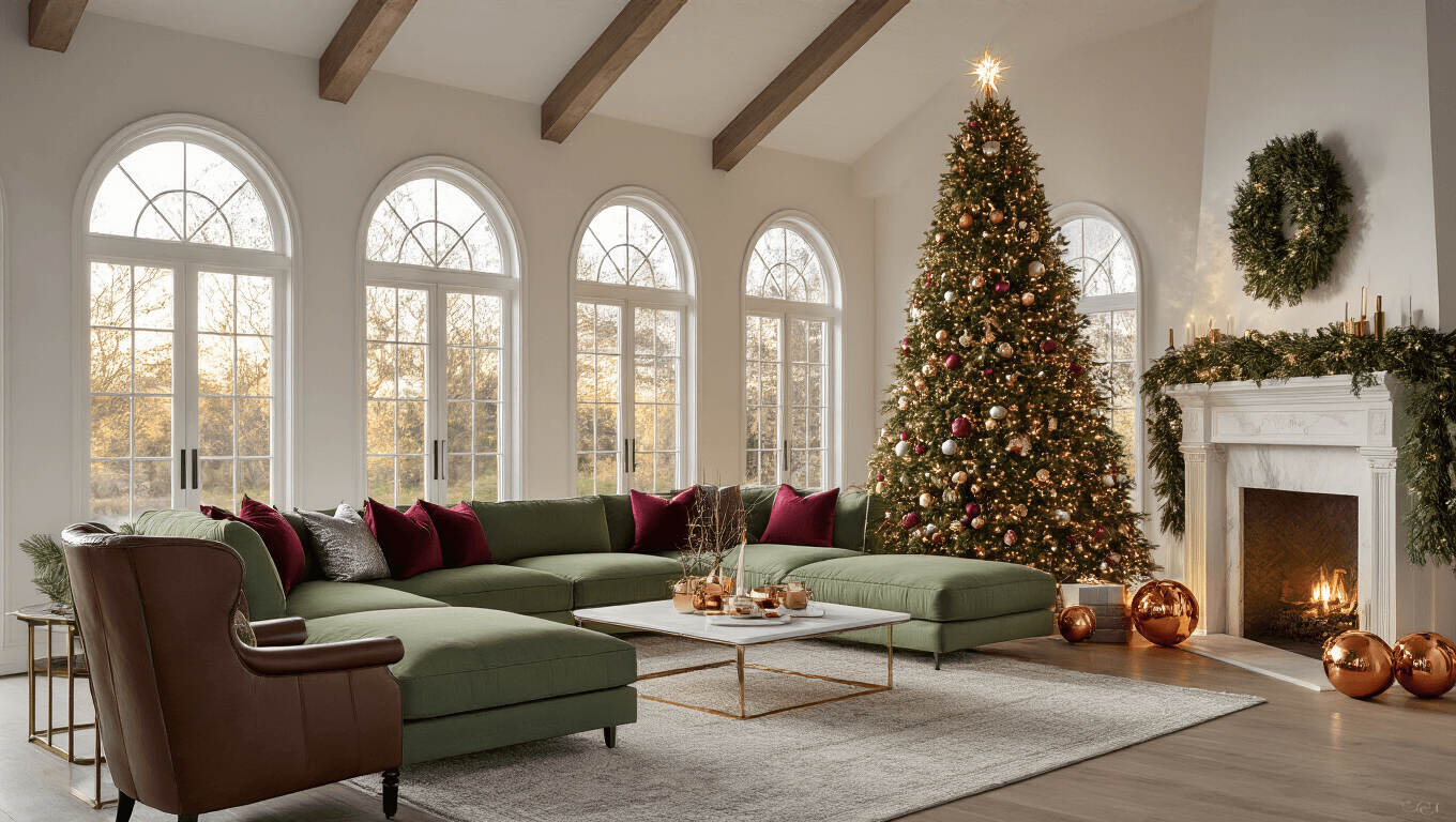 Photorealistic image of a spacious, elegantly decorated living room with a 9-foot Christmas tree, sage green sectional sofa, and a white marble fireplace, featuring warm lighting and vintage-modern decor elements.