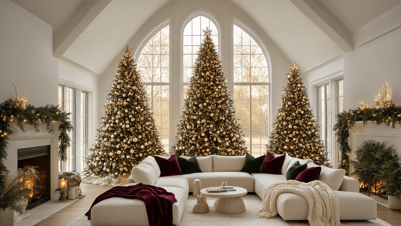Photorealistic image of a luxurious Christmas living room featuring three beautifully decorated trees, vaulted ceilings, and warm afternoon light streaming through large windows.