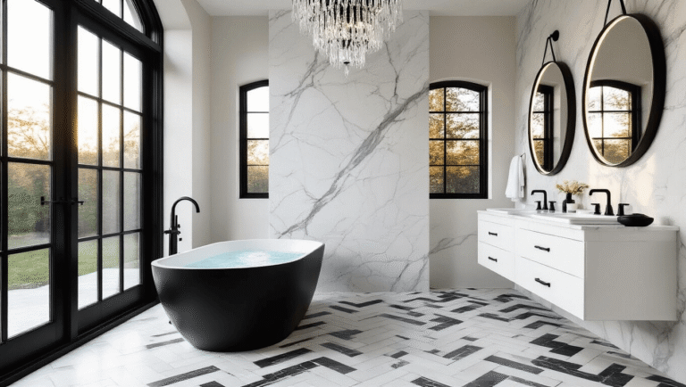 Photorealistic image of a luxurious master bathroom featuring a matte black freestanding soaking tub against a white Carrara marble accent wall, herringbone-patterned floor tiles, modern black-framed windows, a floating double vanity with backlit mirrors, and a crystal chandelier, all illuminated by warm golden hour light.