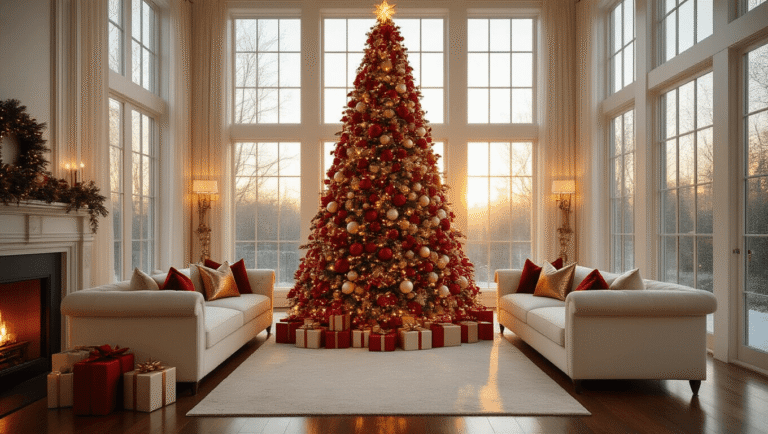 Luxurious Christmas living room featuring a 9-foot tree with red and gold decorations, warm ambient lighting, and rich hardwood floors, captured in ultra HD during golden hour.