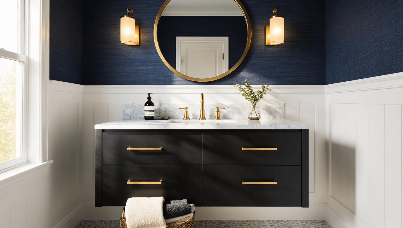 Cinematic wide-angle shot of a luxurious half bathroom featuring a matte black floating vanity, marble countertop, brass mirror, navy grasscloth wallpaper, and elegant styling elements, all illuminated by warm sunlight.