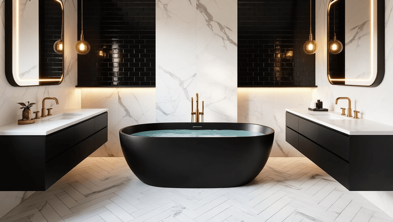 Luxurious master bathroom featuring a matte black freestanding tub on marble herringbone floors, dual black vanities, warm brass fixtures, and golden hour lighting creating a sophisticated atmosphere.