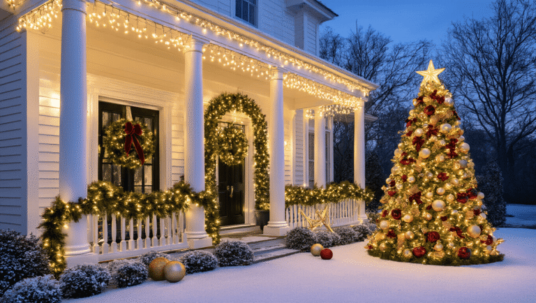 Luxurious outdoor Christmas display on a snowy landscape featuring a wraparound porch with warm LED lights, elegant wreaths, and a dramatic barn wood tree, all surrounded by festive decorations and cozy lighting.