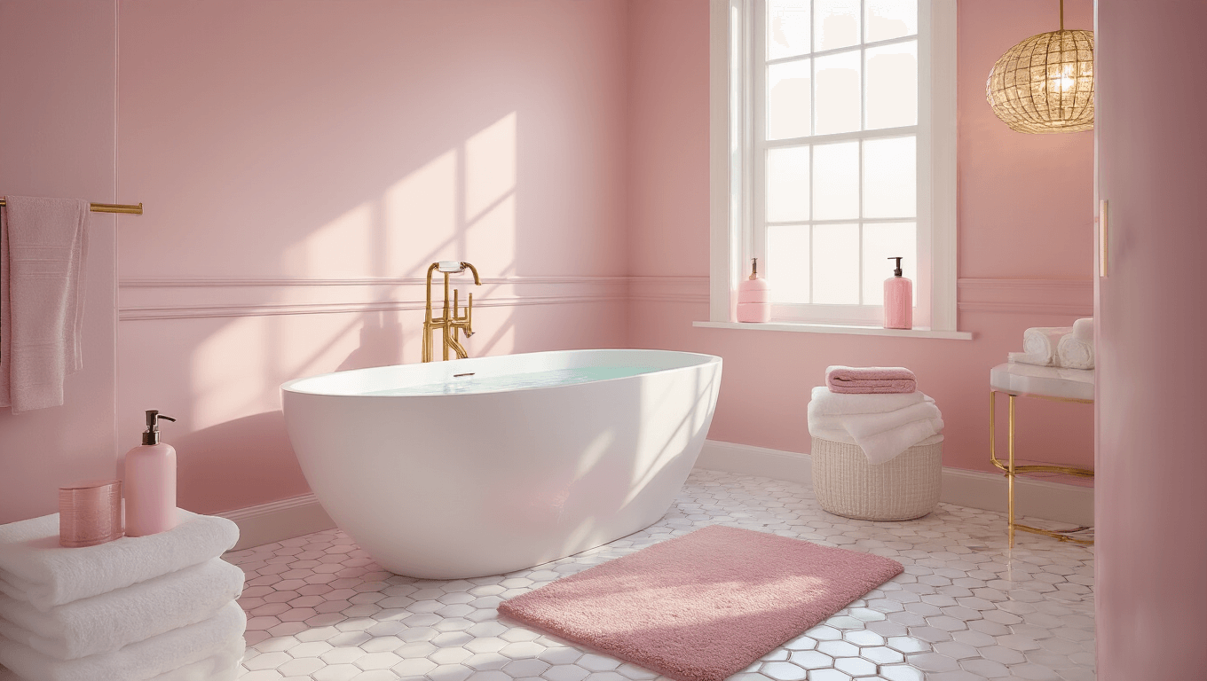 Ultra-high-resolution photorealistic image of a luxurious pink spa bathroom featuring a freestanding white oval tub, blush pink walls, white marble hexagon floor tiles, and brass fixtures, illuminated by warm morning light and a modern chandelier.