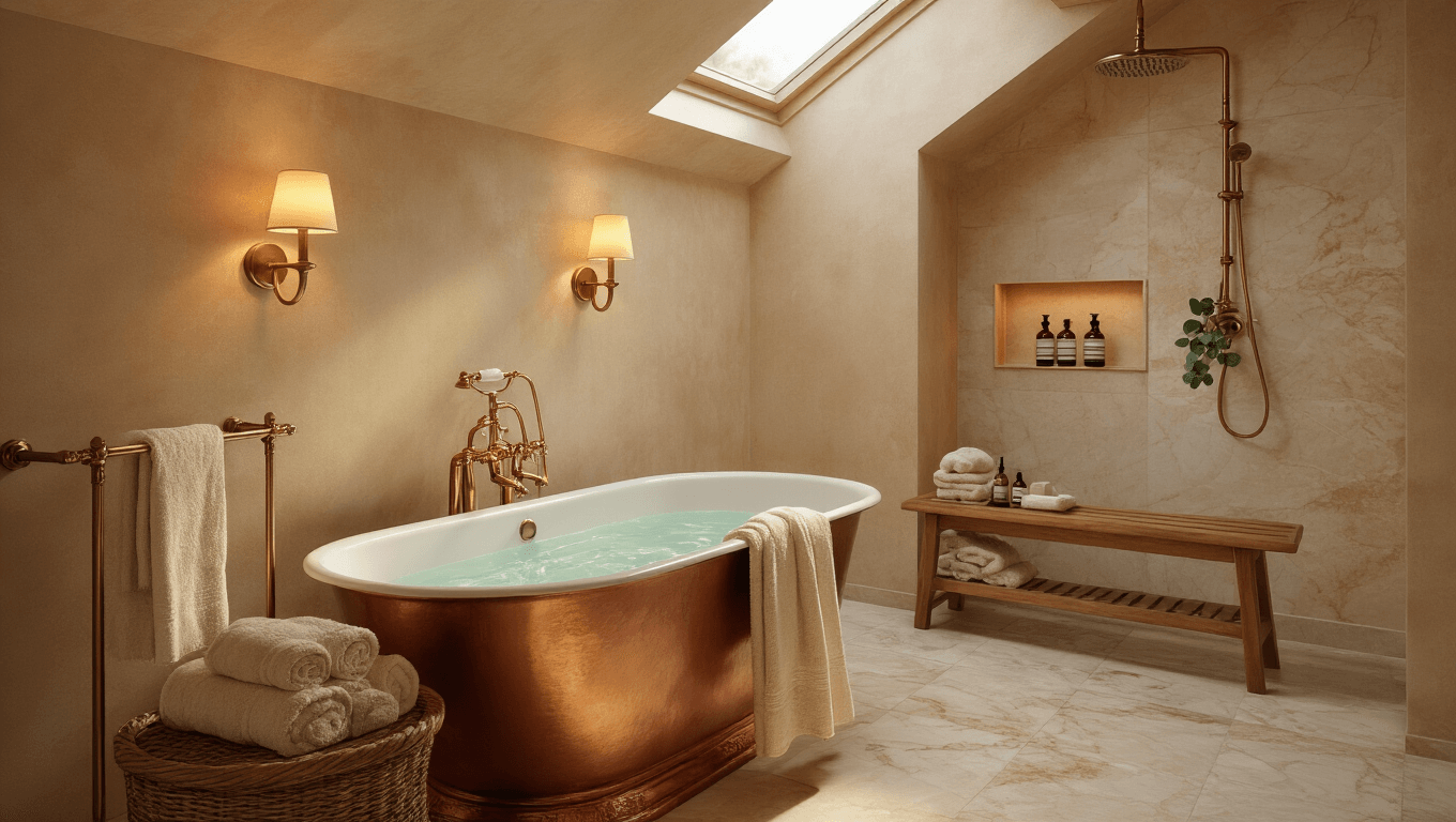 A luxurious bathroom retreat featuring a freestanding copper bathtub, warm ambient lighting, plush cream towels, and a teak shower bench, all captured in soft earth tones and 8K resolution during golden hour.