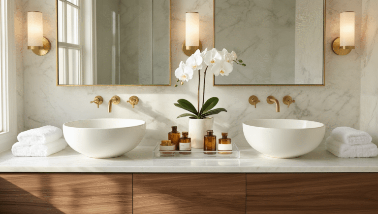 Luxurious walnut bathroom vanity with marble countertops, double vessel sinks, brass faucets, and minimalist decor in golden morning light.