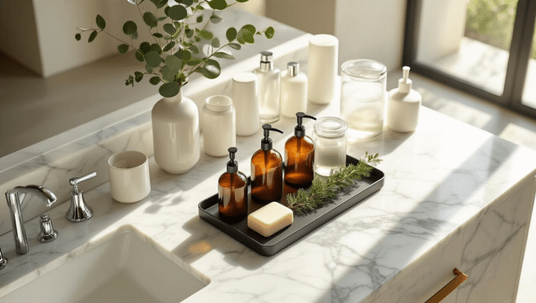 Cinematic overhead view of a luxurious bathroom counter featuring Carrara marble, matte black organizing tray with amber glass dispensers, frosted glass containers, and eucalyptus, illuminated by warm golden hour light.