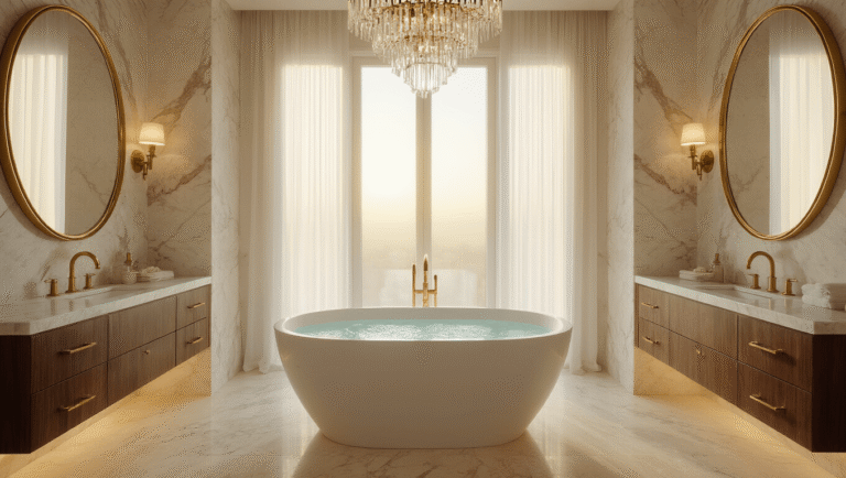 Opulent master bathroom featuring a freestanding soaking tub, polished Carrara marble walls, walnut double vanity with brass fixtures, and warm golden hour lighting through sheer curtains, creating a luxurious spa-like atmosphere.
