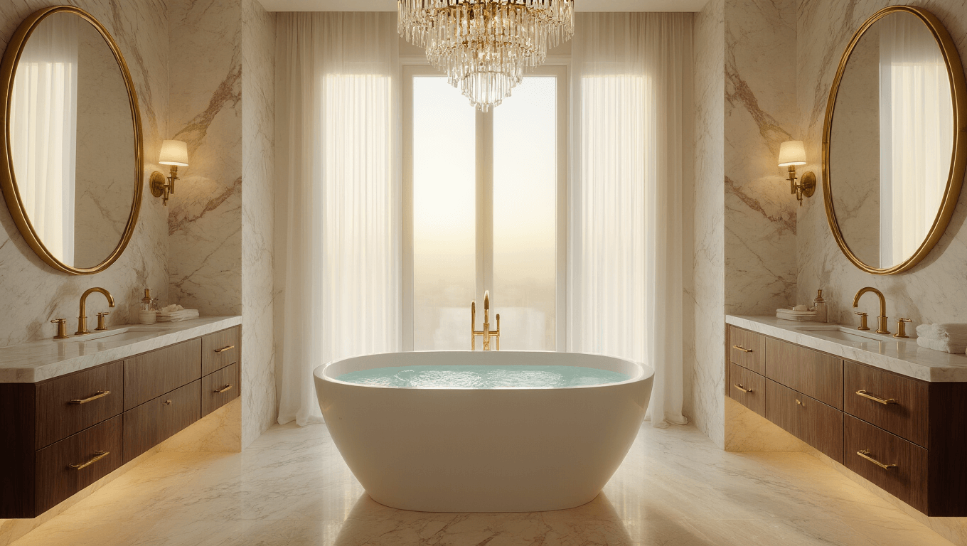 Opulent master bathroom featuring a freestanding soaking tub, polished Carrara marble walls, walnut double vanity with brass fixtures, and warm golden hour lighting through sheer curtains, creating a luxurious spa-like atmosphere.