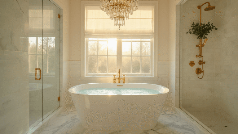 Luxurious bathroom sanctuary at golden hour featuring white soaking tub, Carrara marble floors, elegant subway tile walls, crystal chandelier, polished brass fixtures, fresh eucalyptus, and plush Turkish towels, captured with warm lighting and film grain for a serene ambiance.