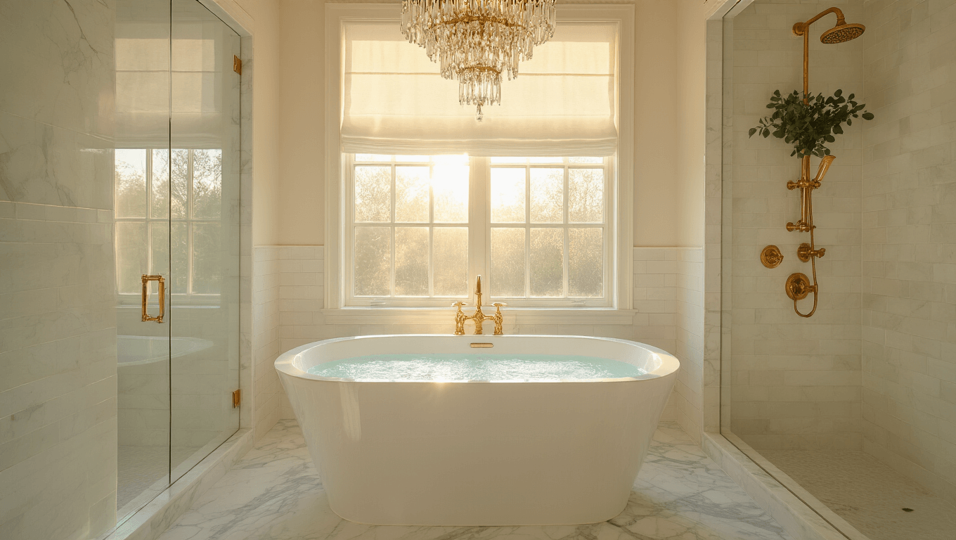 Luxurious bathroom sanctuary at golden hour featuring white soaking tub, Carrara marble floors, elegant subway tile walls, crystal chandelier, polished brass fixtures, fresh eucalyptus, and plush Turkish towels, captured with warm lighting and film grain for a serene ambiance.