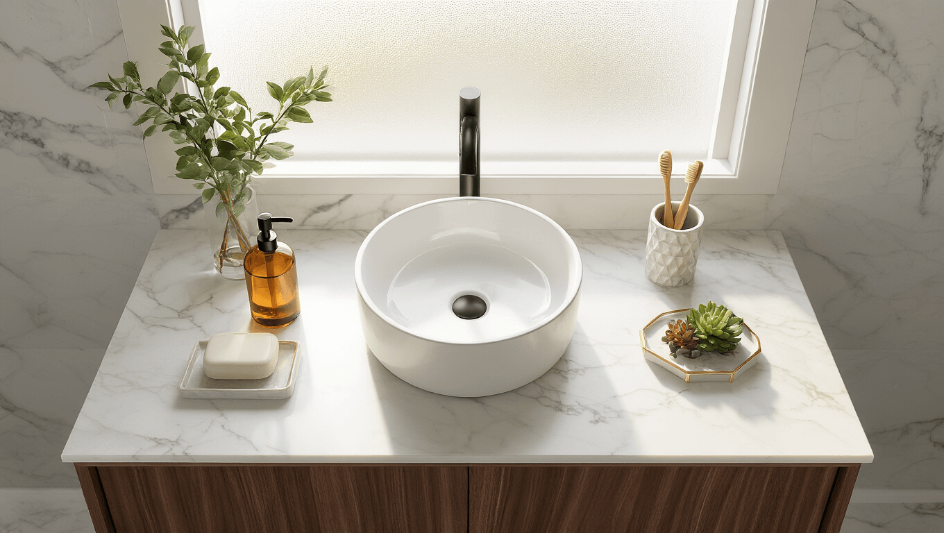Cinematic overhead shot of a luxurious modern bathroom sink vignette featuring a white porcelain vessel sink on a walnut floating vanity, complemented by a matte black faucet, geometric brass soap dispenser, ceramic toothbrush holder, decorative marble tray with succulents, and rolled sage-colored towels, all illuminated by soft golden hour light.