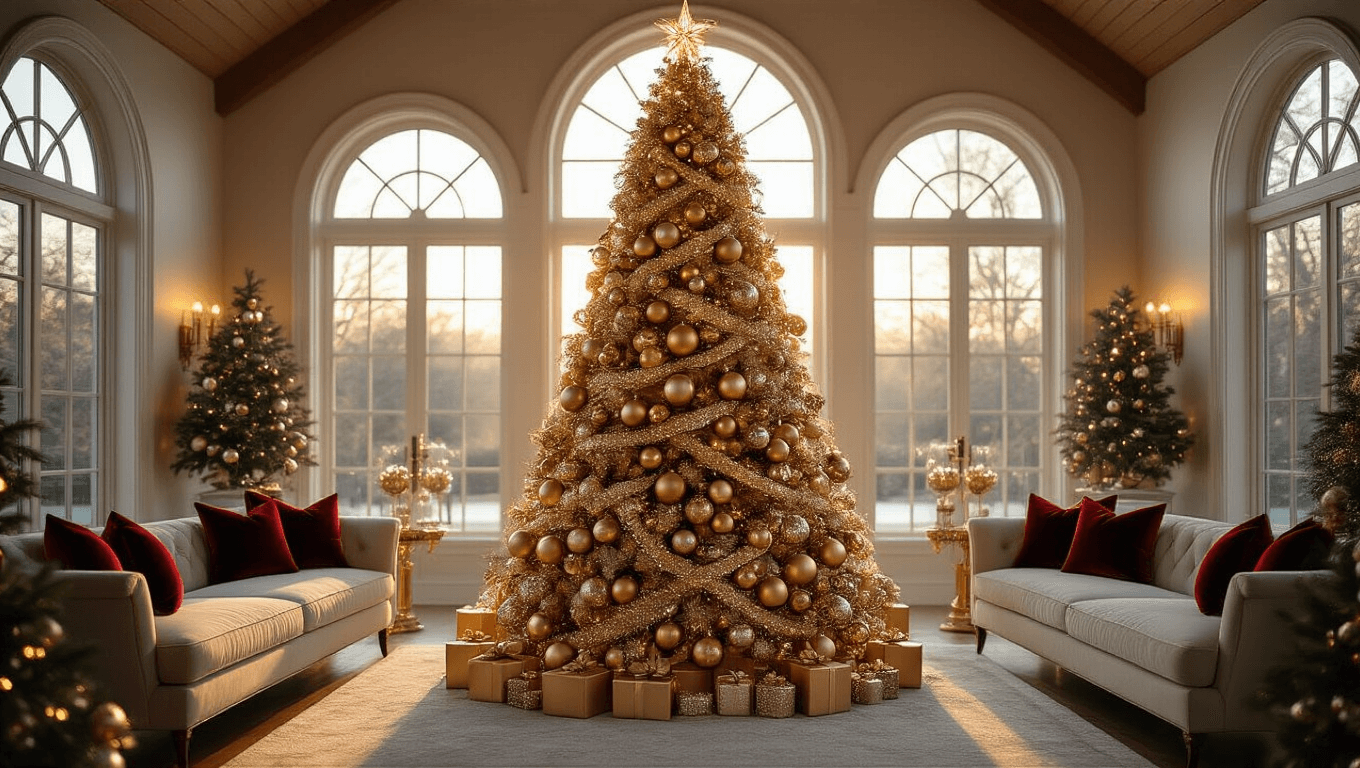 Photorealistic interior of a luxurious living room featuring a 9-foot Fraser fir Christmas tree adorned with metallic ornaments, oversized velvet bows, and tinsel, illuminated by golden hour light streaming through bay windows, with a plush cream sectional and marble flooring visible.
