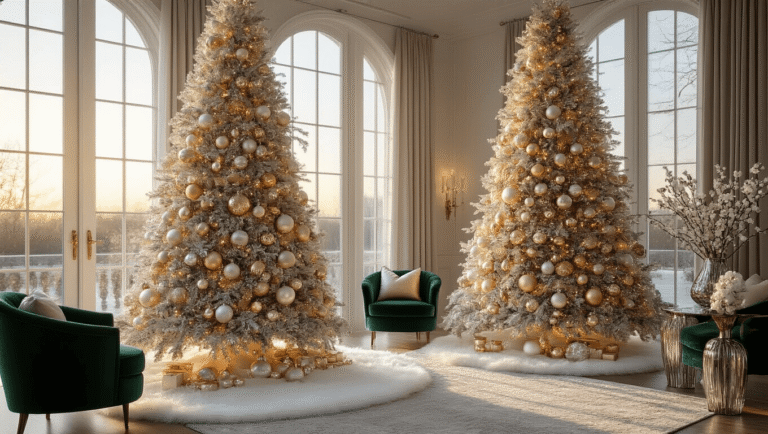 A luxurious Christmas living room featuring a frosted artificial tree with metallic ornaments, elegant furniture, and warm ambient lighting from candles and natural light.