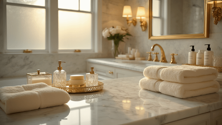 A luxurious glam bathroom featuring a Carrara marble double vanity with gold fixtures, plush velvet towels, elegant glass accessories, and warm lighting.