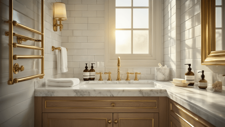 Photorealistic luxury bathroom featuring gold fixtures and marble countertops, warm lighting, and elegant accessories set against a clean background.