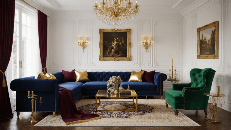 Opulent living room featuring navy velvet sectional, gold silk pillows, burnished gold chandelier, emerald velvet accent chair, burgundy cashmere throw, polished hardwood floors, white coffered ceiling with gold leaf, antique gold picture frames, brass candlesticks, Persian rug with gold threading, and creamy ivory curtains, all bathed in warm golden hour light.