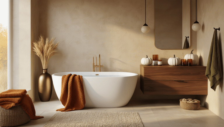 Photorealistic interior of a modern master bathroom in warm golden hour light, featuring a freestanding white tub, taupe walls, a burnt orange throw, brass fixtures, a floating walnut vanity with decorative pumpkins and wheat, rust and olive towels, and a plush olive bath mat on marble flooring.
