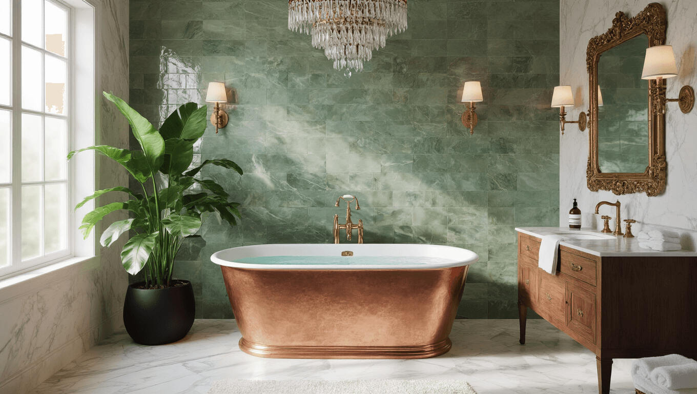 Photorealistic image of a luxurious marble bathroom with a freestanding copper soaking tub, featuring Calacatta marble walls, herringbone pattern marble floor, a monstera plant, vintage brass sconces, and an ornate mirror, all illuminated by warm morning light.