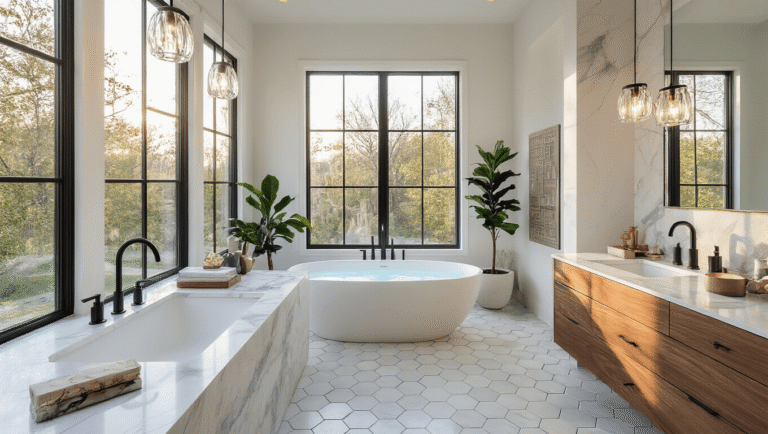 A luxurious modern bathroom featuring white marble countertops, matte black faucets, and a freestanding oval soaking tub, bathed in warm golden hour light, with a floating walnut vanity and carefully arranged design elements, creating a tranquil and sophisticated atmosphere.