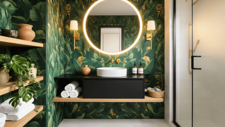 Luxurious small apartment bathroom with emerald green botanical wallpaper, matte black floating vanity, LED-backlit mirror, brass sconces, oak shelves with pottery and towels, and a trailing monstera plant, photographed during golden hour in 8k resolution.