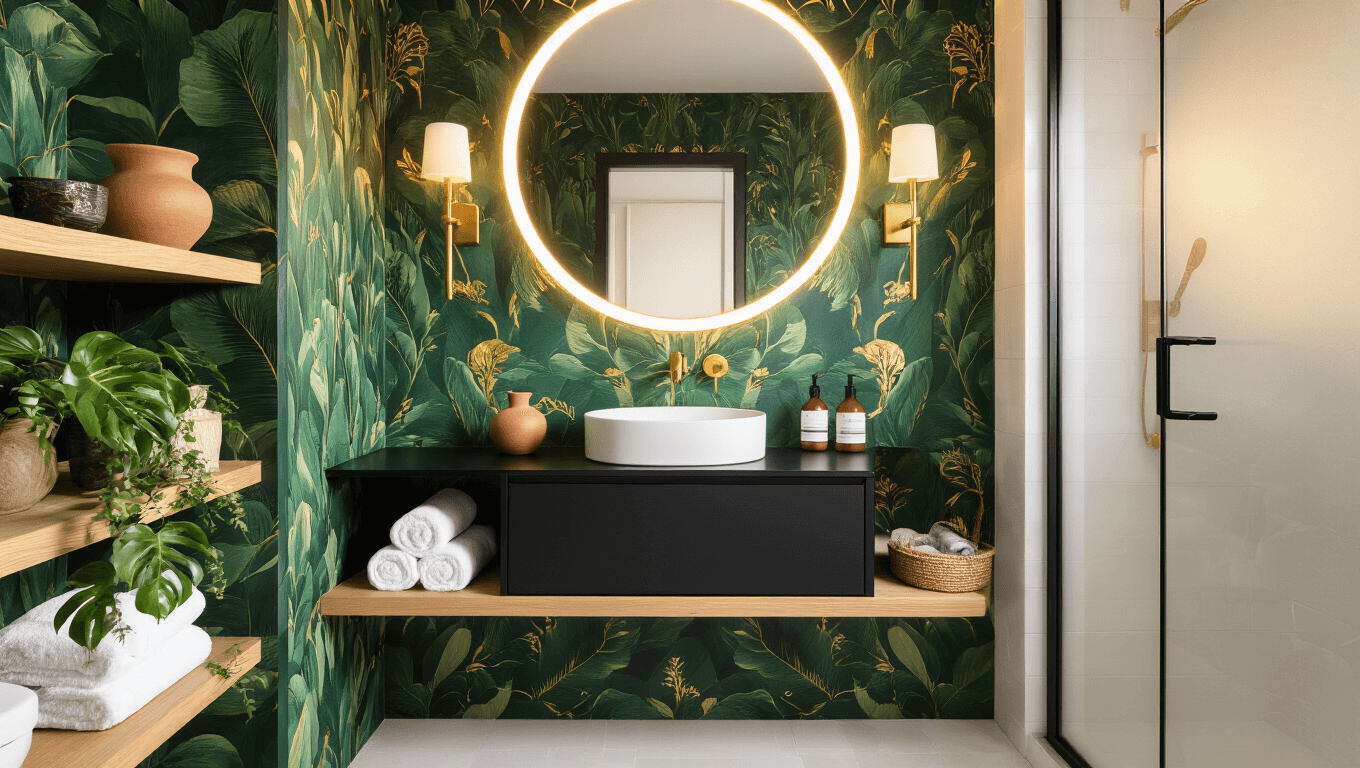 Luxurious small apartment bathroom with emerald green botanical wallpaper, matte black floating vanity, LED-backlit mirror, brass sconces, oak shelves with pottery and towels, and a trailing monstera plant, photographed during golden hour in 8k resolution.