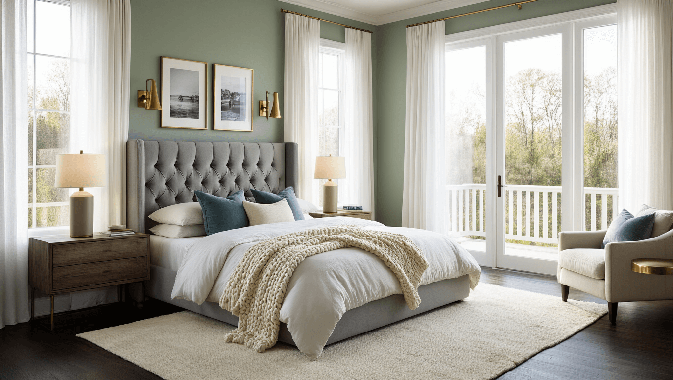 Ultra-detailed photograph of a serene master bedroom bathed in soft morning light, featuring a king-size tufted velvet bed, layered bedding, and modern decor with natural textures.